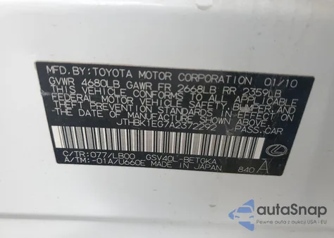 2010 Lexus Es 350 z USA, uszkodzony, nr VIN JTHBK1EG7A2372292